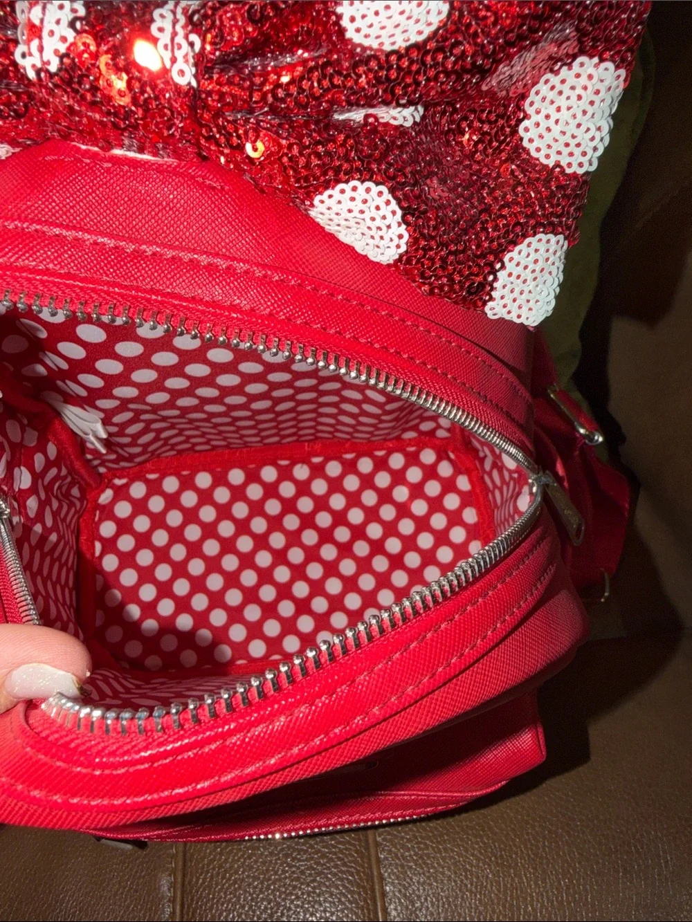 Disney Parks Loungefly Red Minnie Sequin Bow Backpack and Matching Wallet
